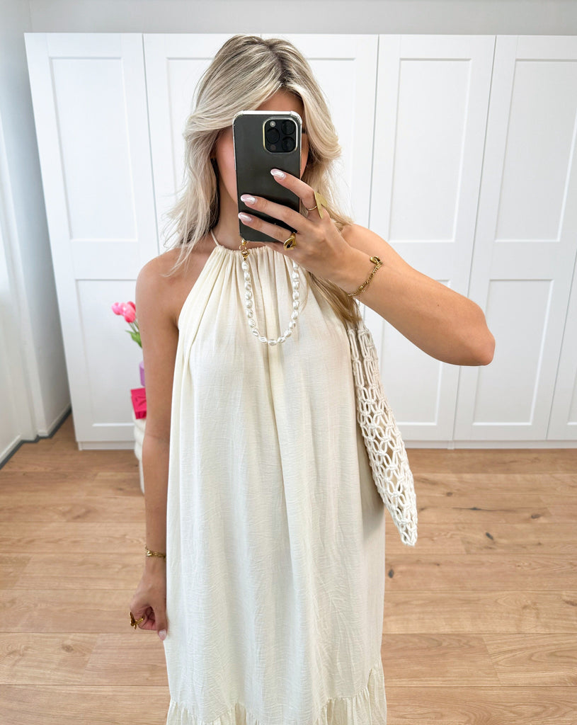 Lange maxi halter jurk beige