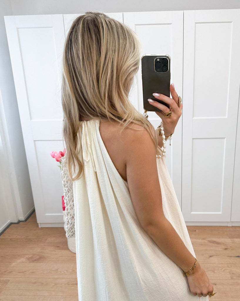 Lange maxi halter jurk beige