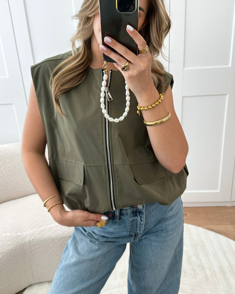 Army green/groen/khaki cargo gilet met zakken en zilveren ritssluiting