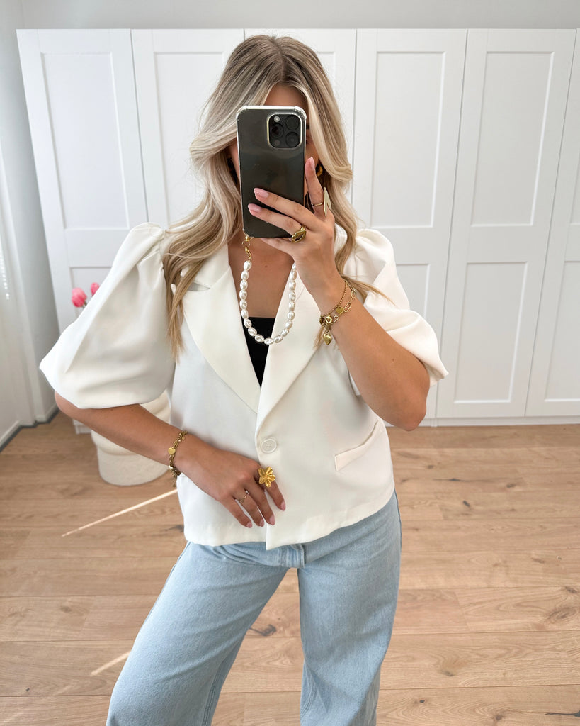 Korte witte blazer met pof mouwen