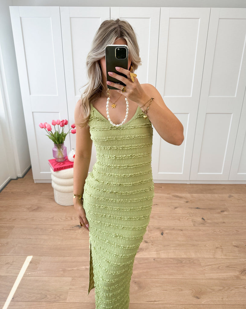 Groene lange maxi jurk met structuur en split