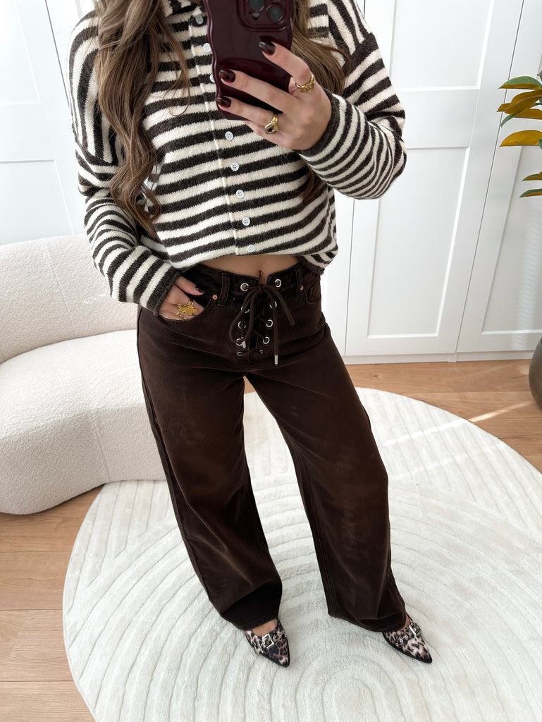 Bruine wijde stretch jeans met lace-up detail en strik sluiting