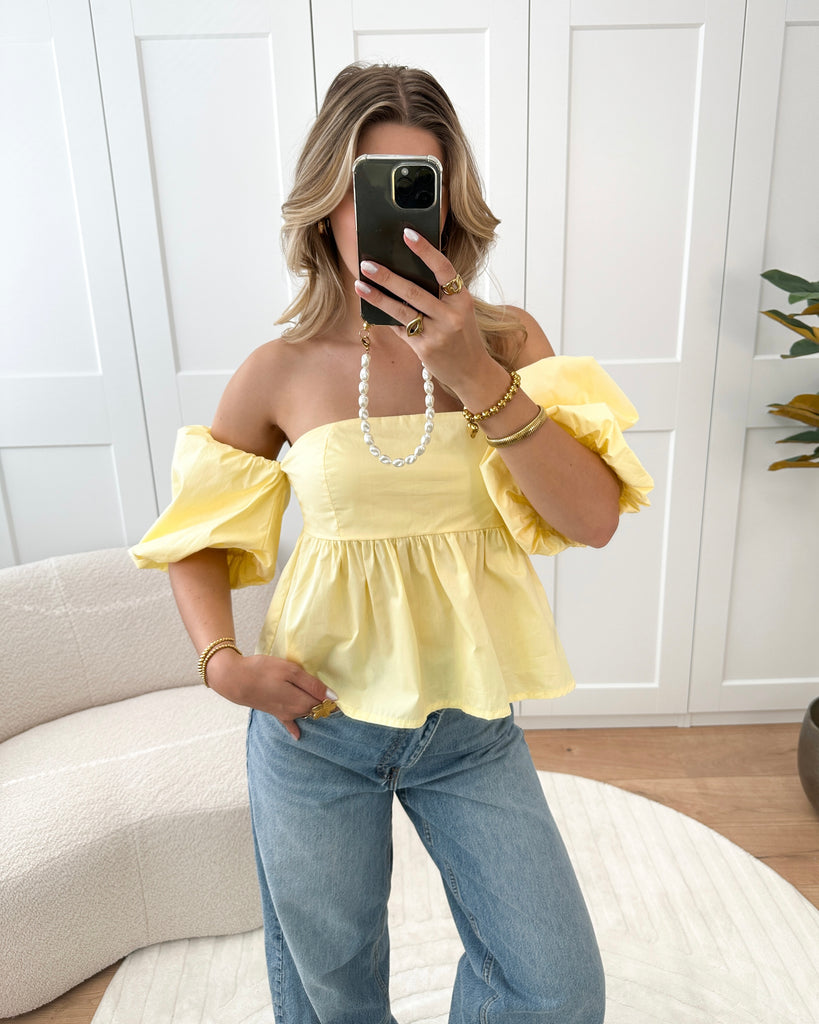 Gele peplum top met korte off shoulder pof mouwen
