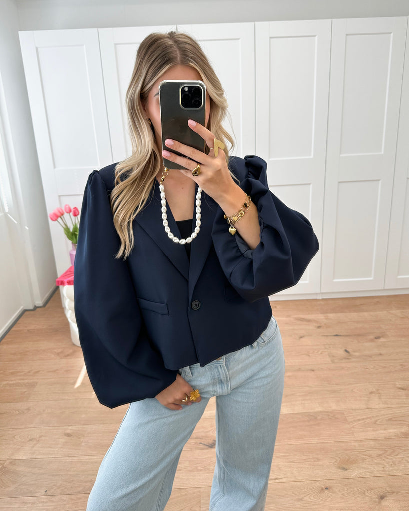 Donker blauwe blazer met lange ballon mouw met pof effect