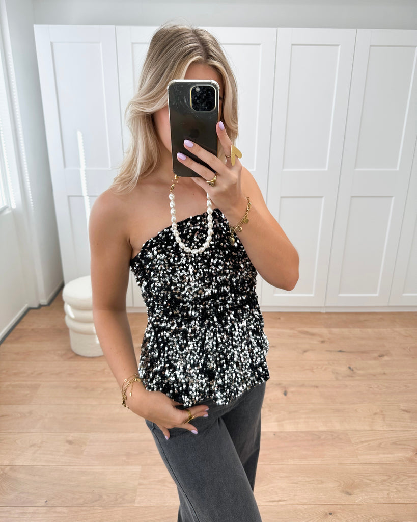 Zwart/zilver mouwloze peplum top met glitters