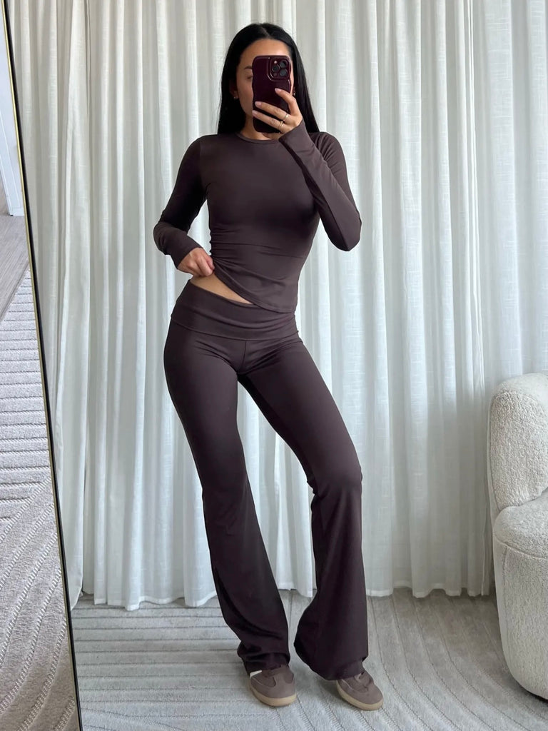 Bruine flared lounge broek met fold over detail