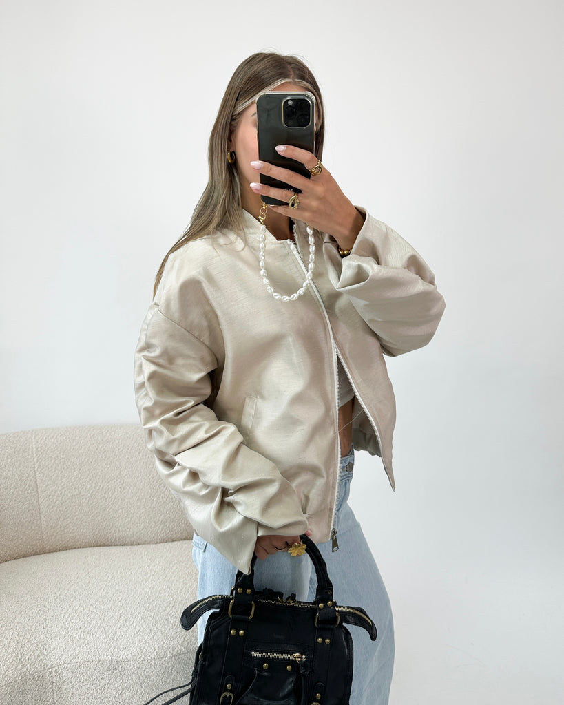 Champagne/beige bomber jacket met geplooide mouwen