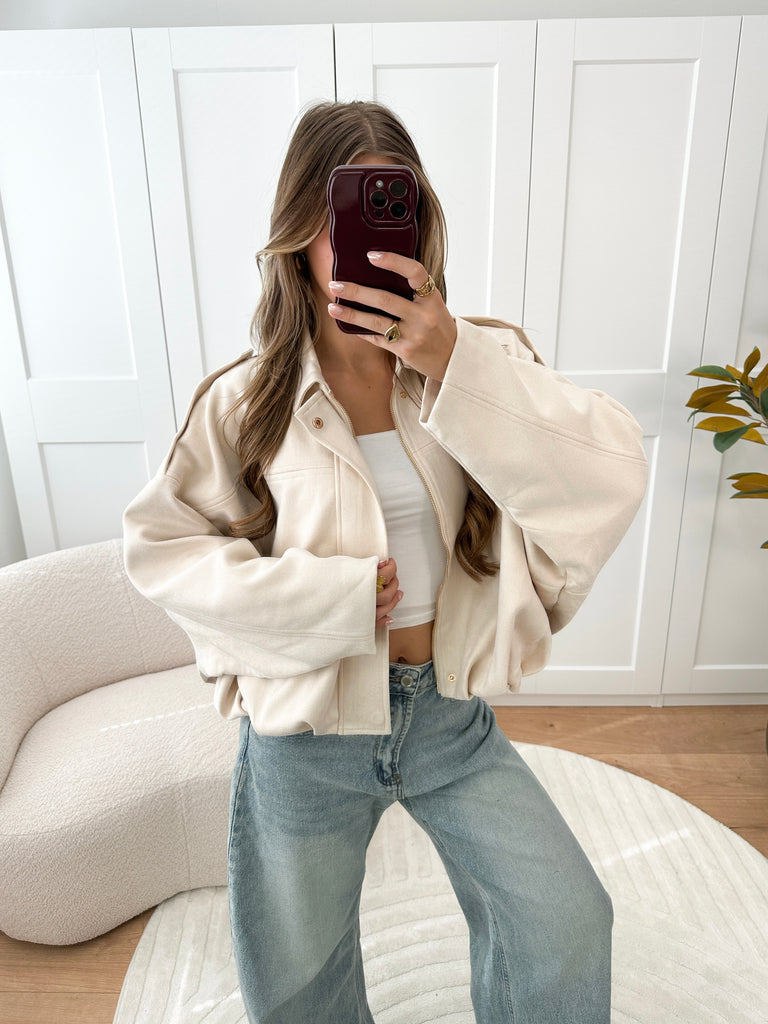 Creme suede bomber jacket