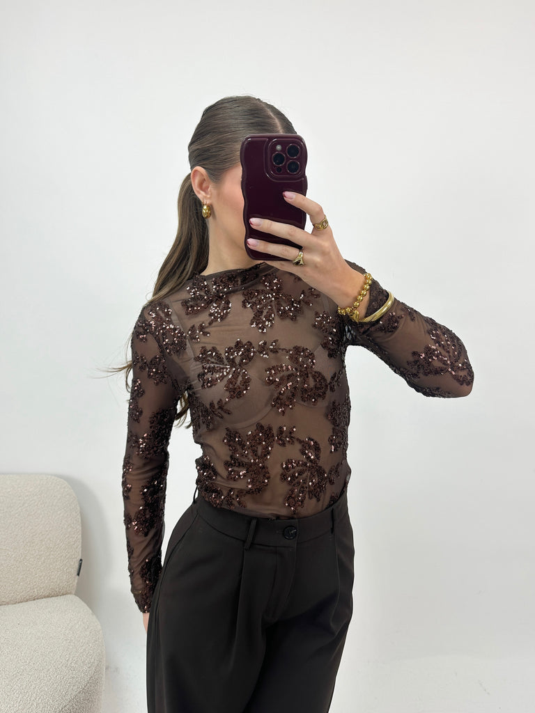 Bruine see-through mesh top met bladeren en glitters