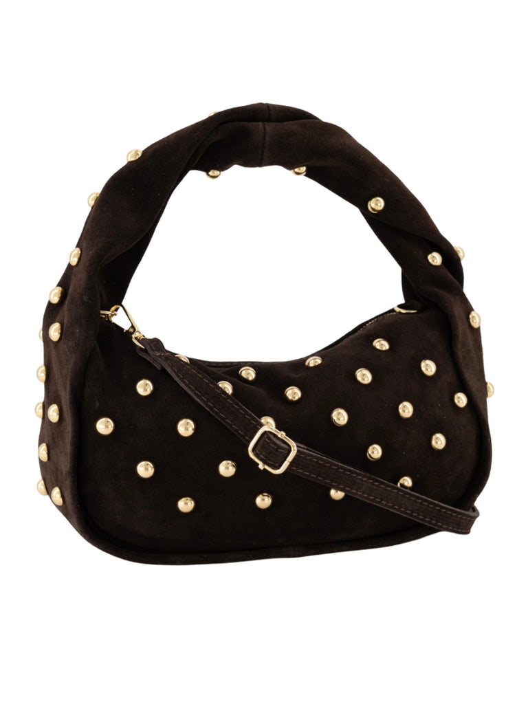 Bruine handtas met gouden studs en gedraaid handvat
