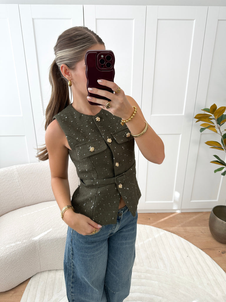 Army groene tweed gilet/top met riempje in de taille en gouden kleine glittertjes