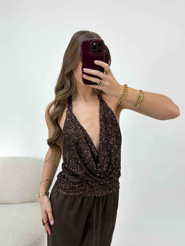 Bruine glitter halter top met gedrapeerde hals