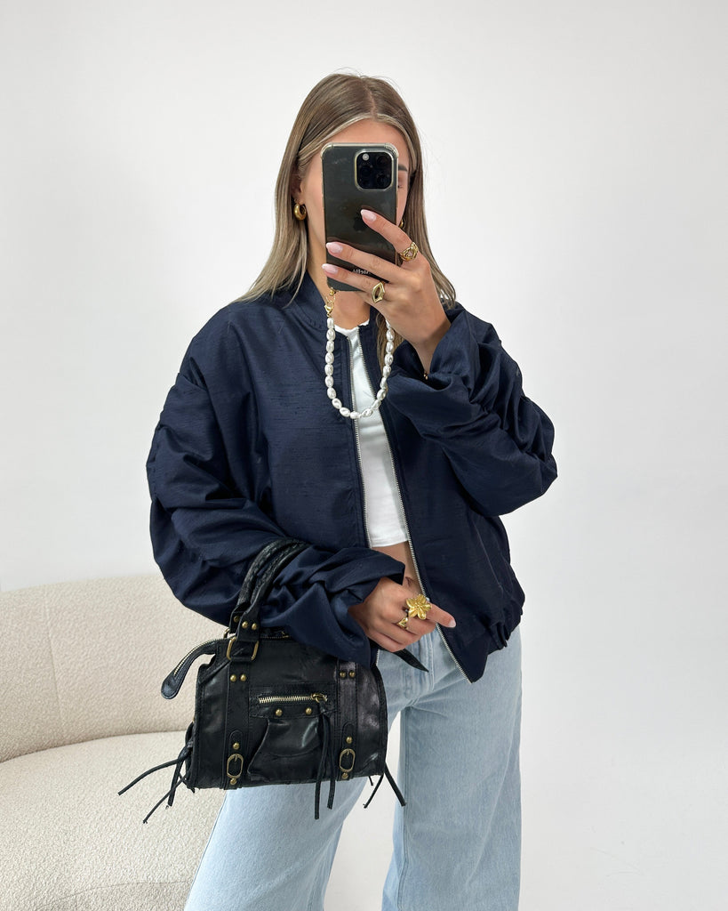 Donker blauw/navy bomber jacket met geplooide mouwen