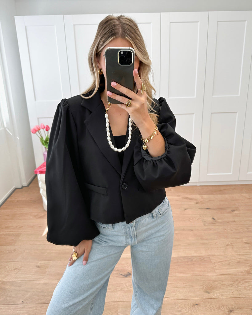 Zwarte blazer met lange ballon mouw met pof effect