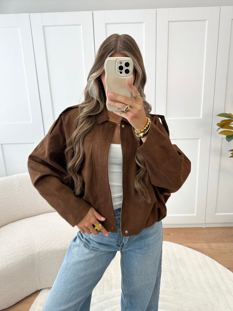 Bruine suede bomber jas