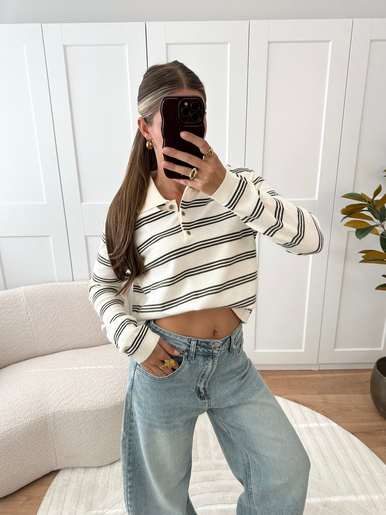 Witte polo sweater met groene strepen