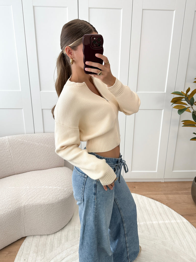 Beige cropped zipper/rits vest 