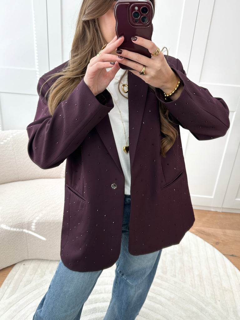 Paarse oversized blazer met strass/glitter steentjes