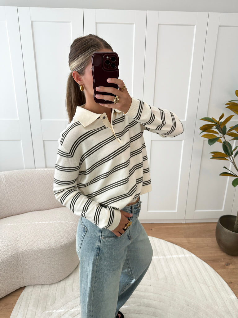 Witte polo sweater met groene strepen