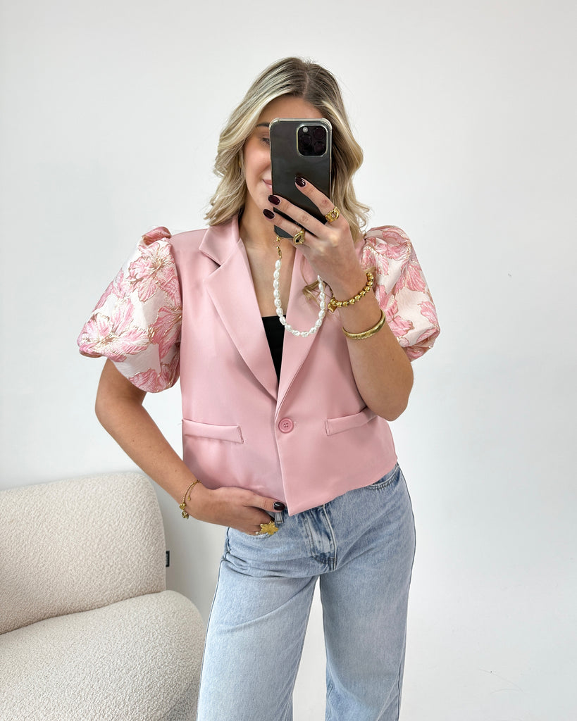 Lichtroze blazer met korte pof mouwen en jacquard bloemen opdruk