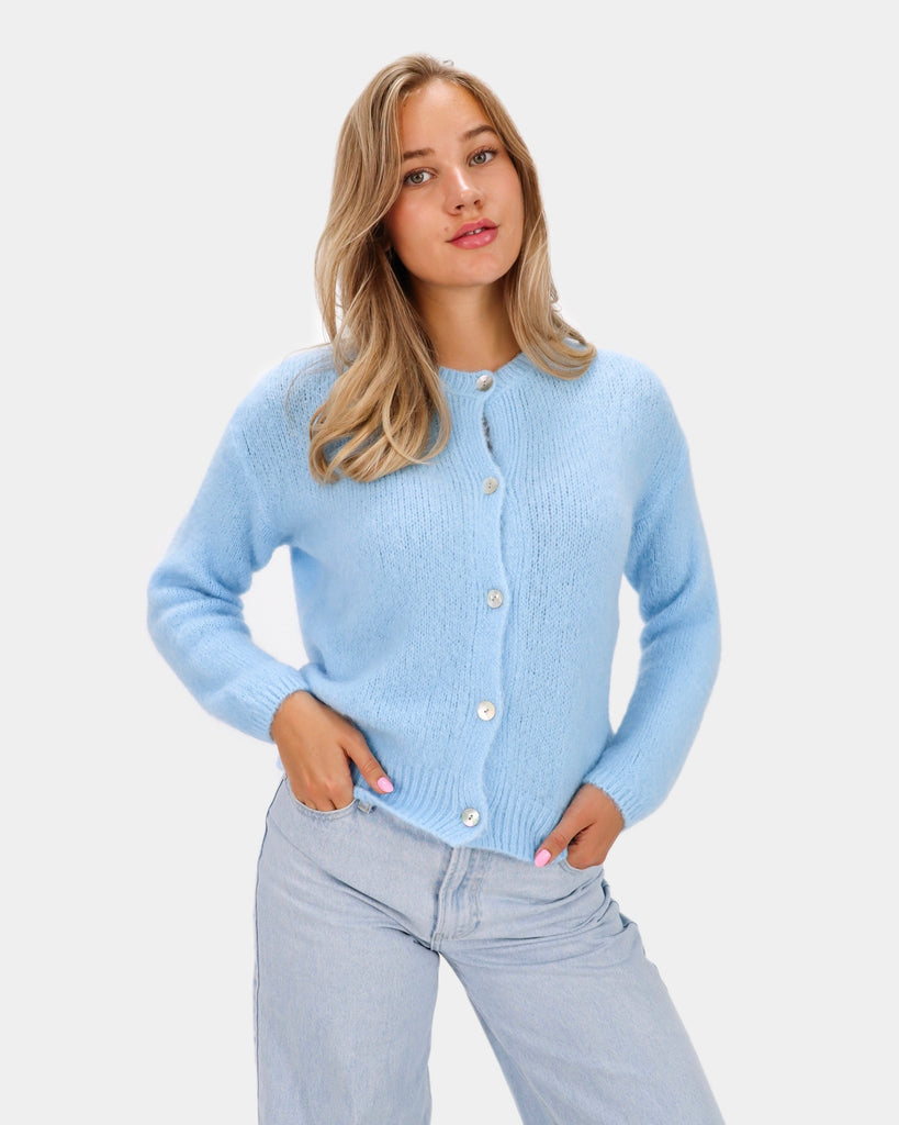 Licht blauwe wollen mohair vestje met knoopsluiting