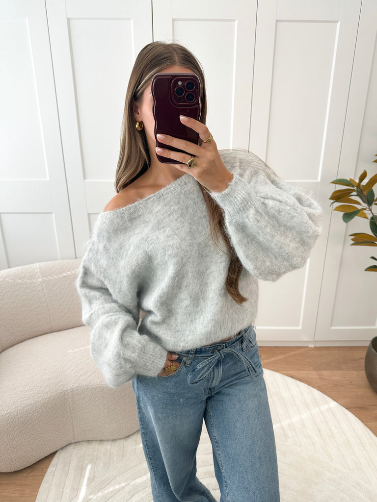 Grijze off shoulder trui