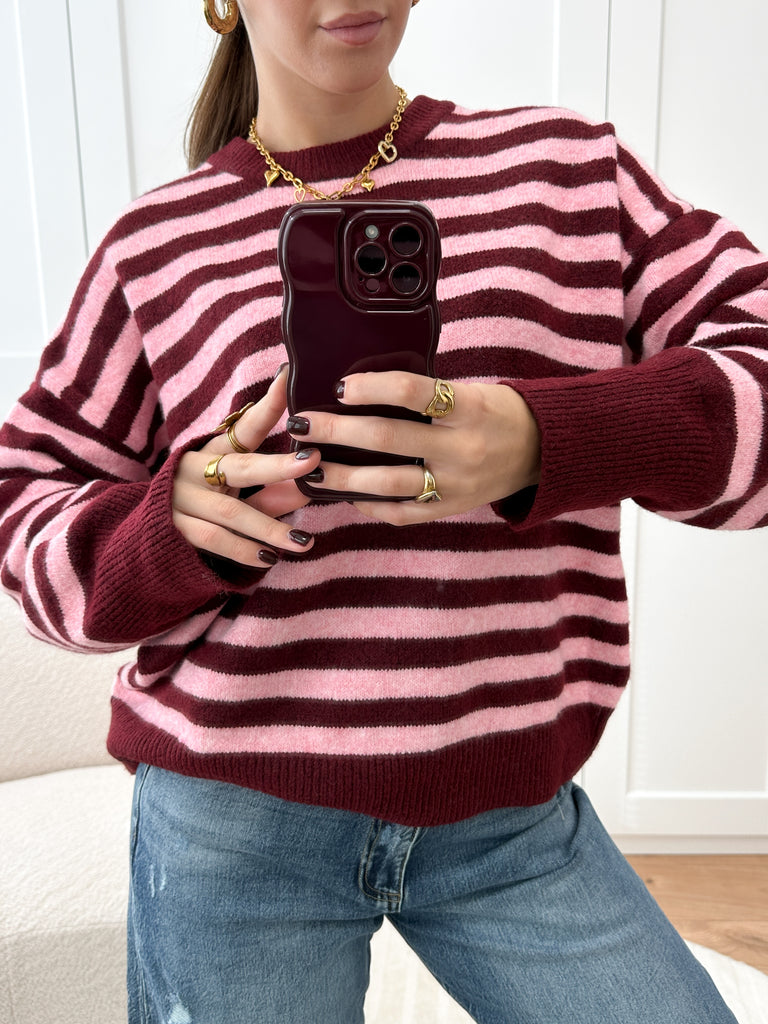 Gestreepte trui roze met bordeaux rood/burgundy