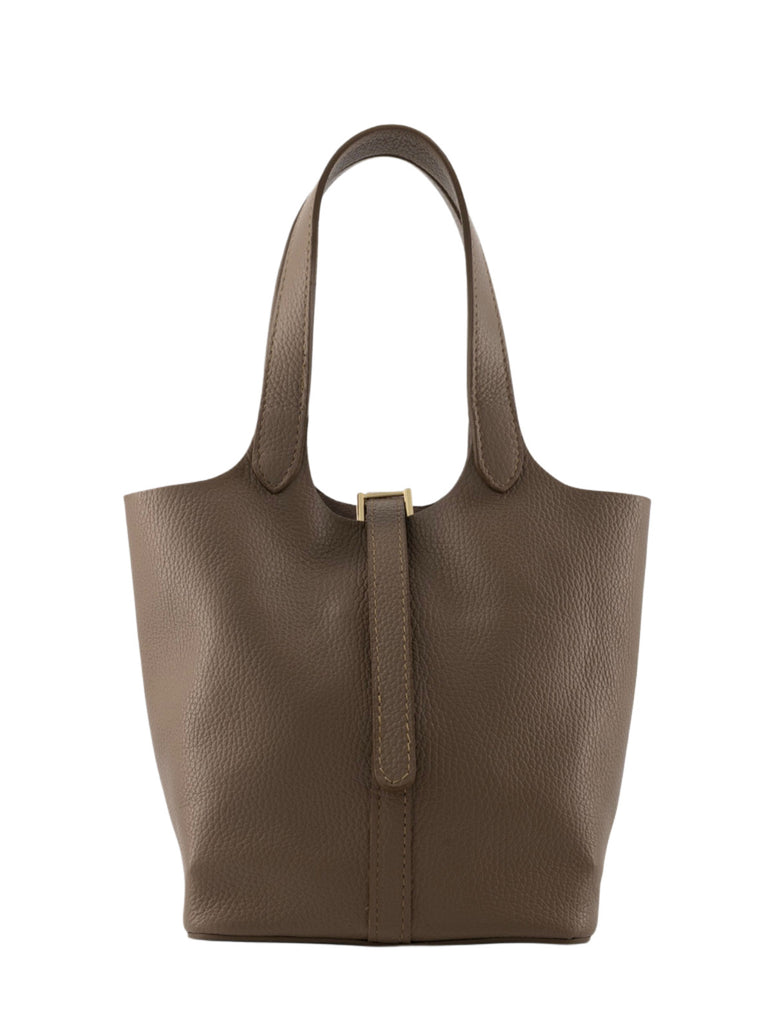 Taupe kleine leren handtas met gouden gesp sluiting