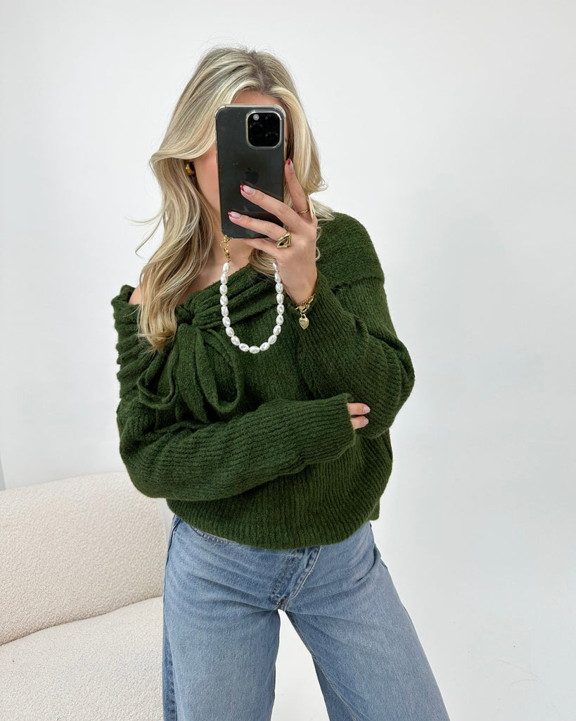 Groene off shoulder trui met strik detail