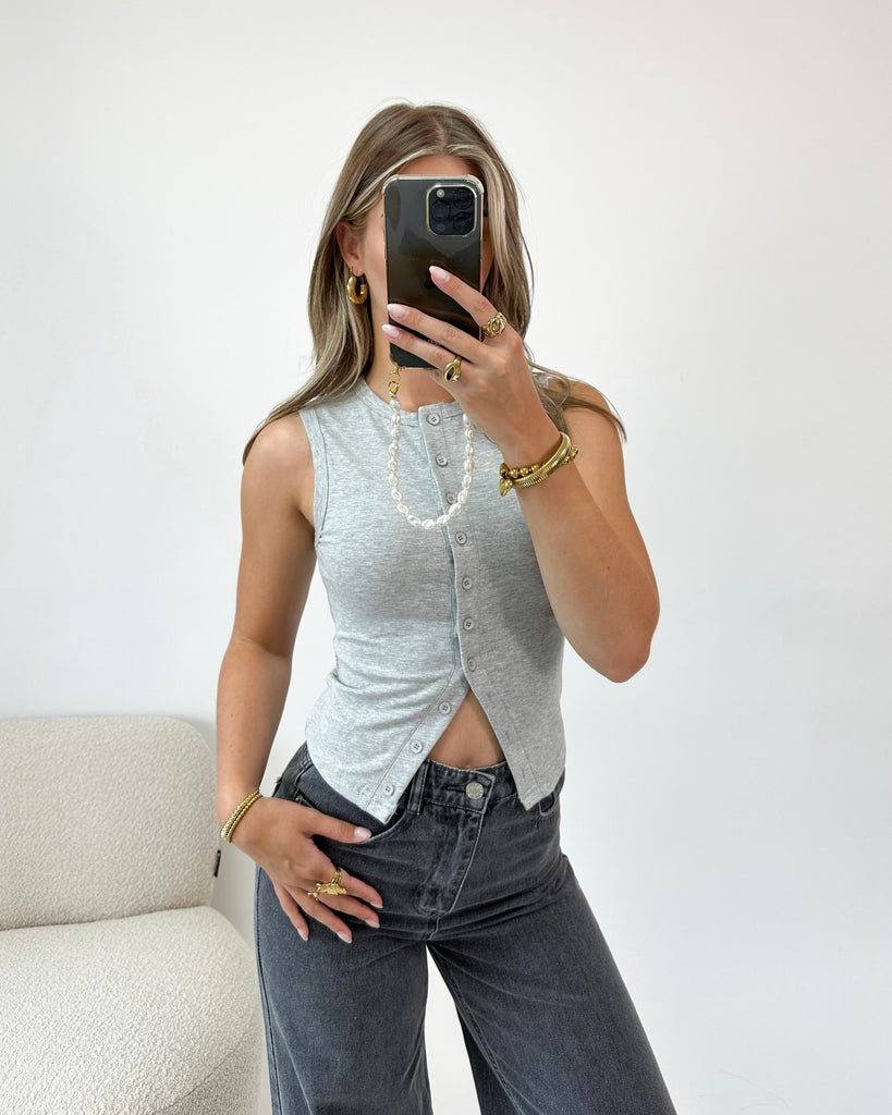 Grijze basic hoge knopen top