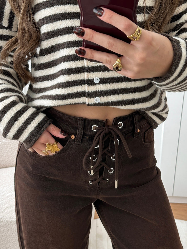Bruine wijde stretch jeans met lace-up detail en strik sluiting