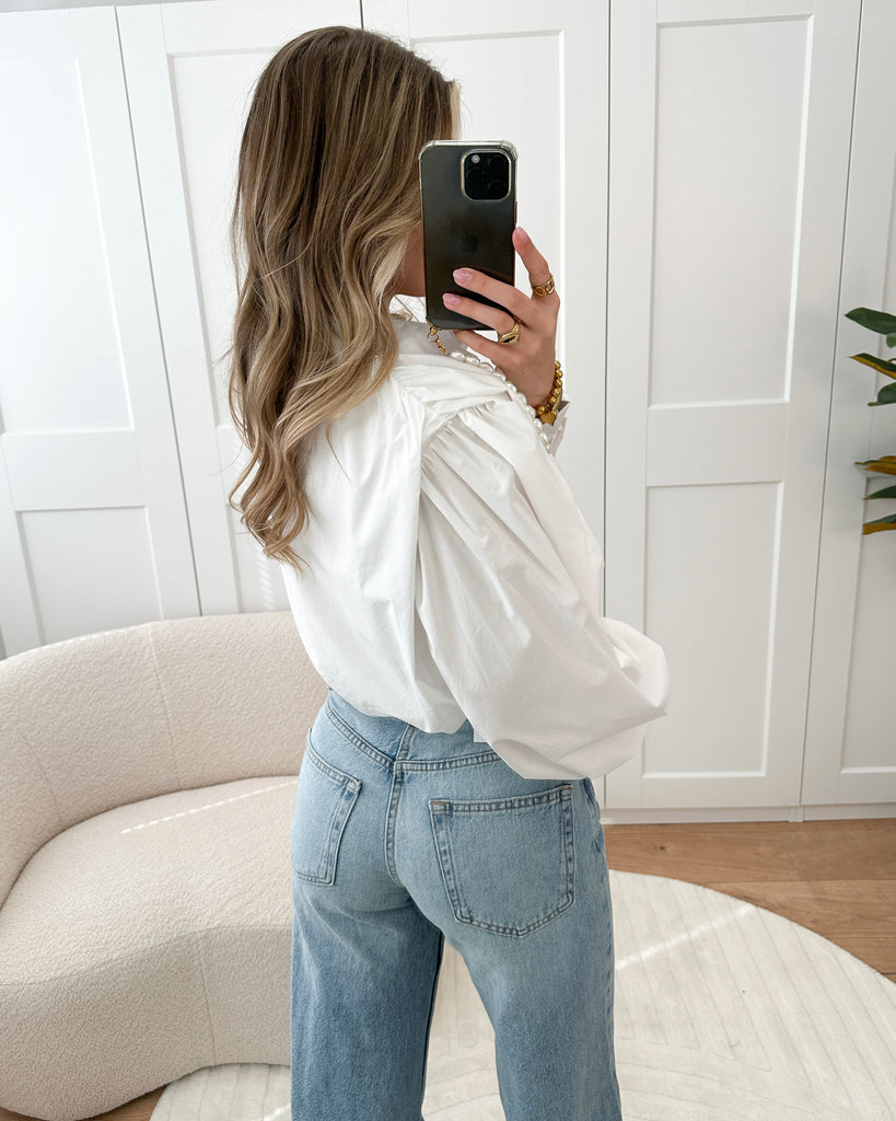 Witte cropped blouse met pof mouwen