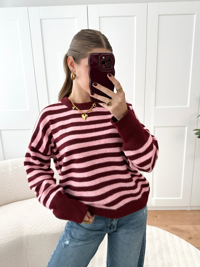 Gestreepte trui roze met bordeaux rood/burgundy