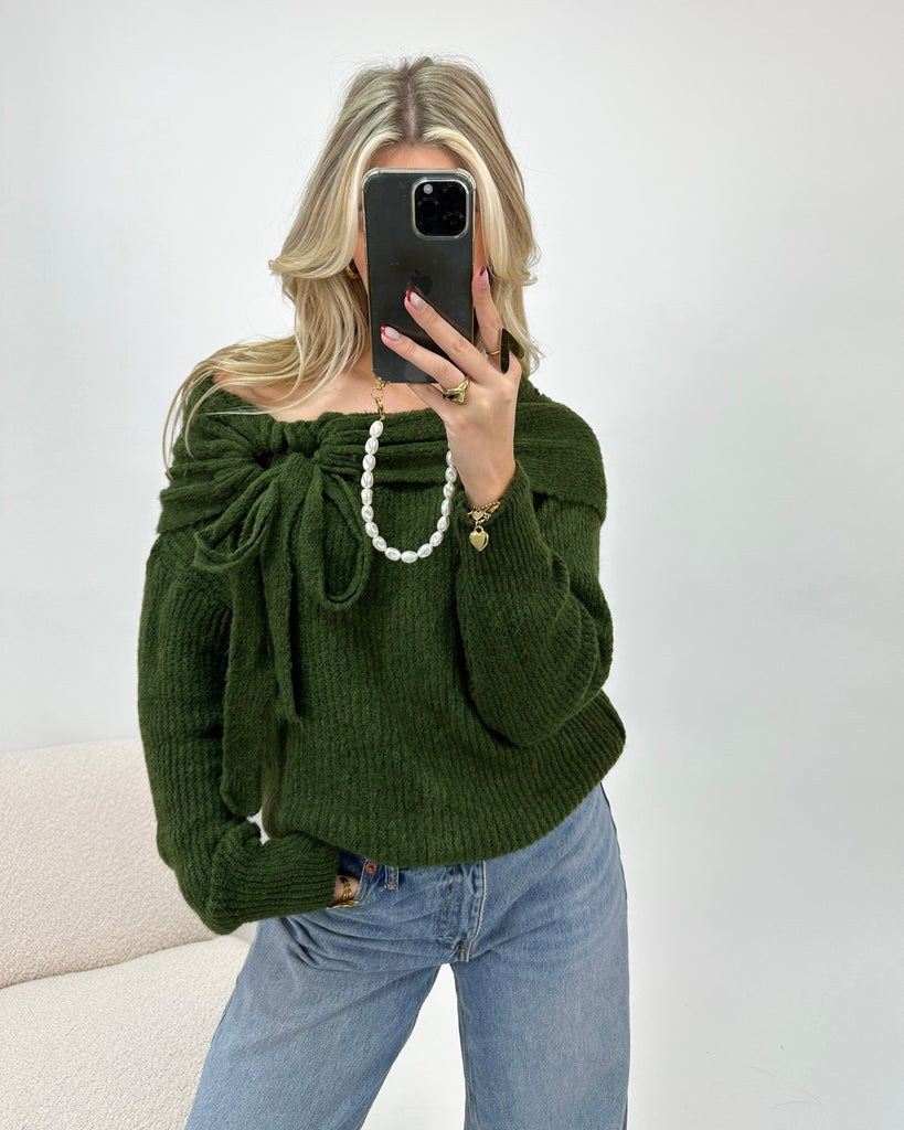 Groene off shoulder trui met strik detail