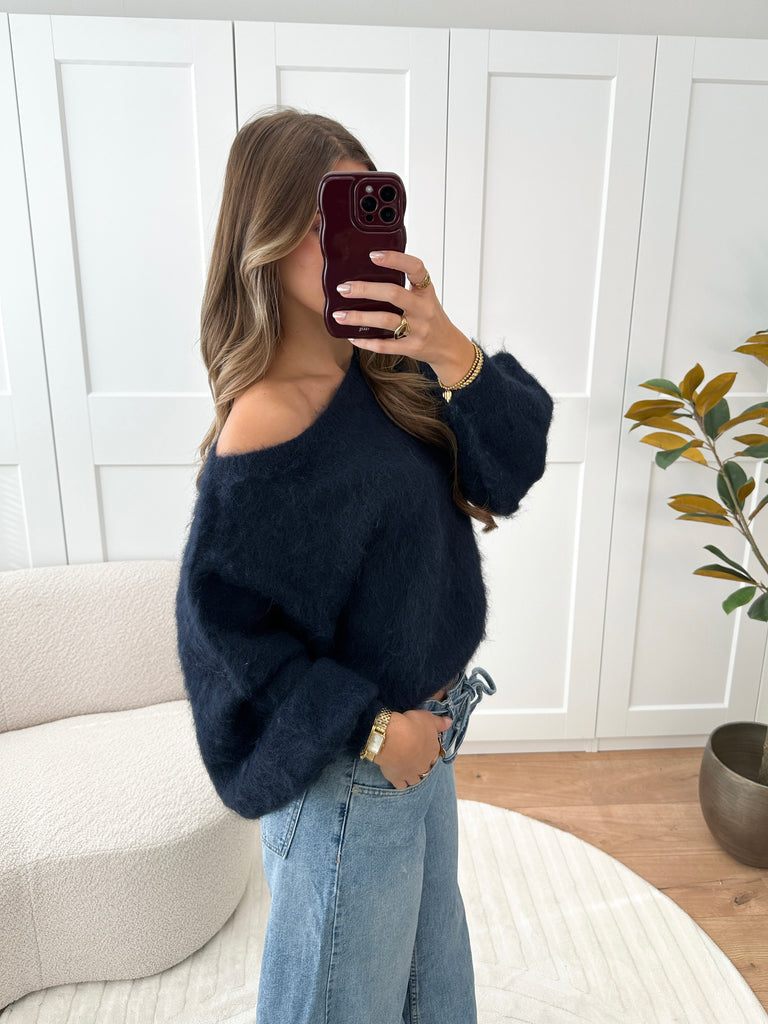 Donker blauwe/navy off shoulder trui