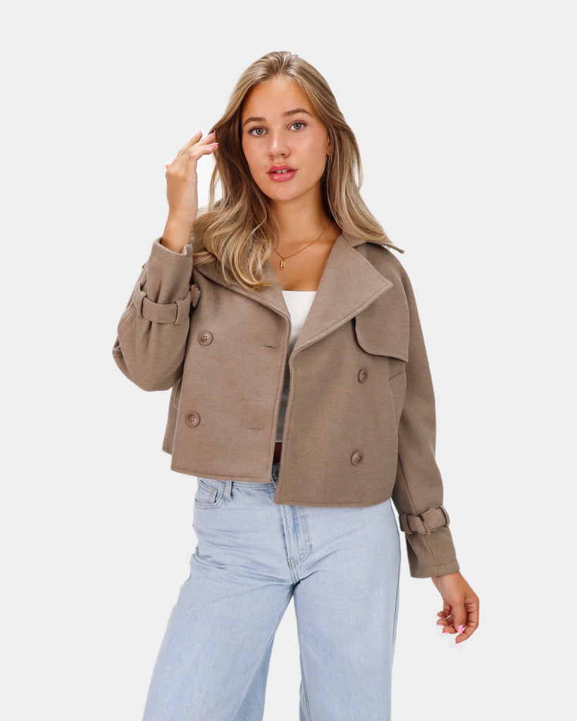 Taupe bruine korte trench coat met knoopsluiting