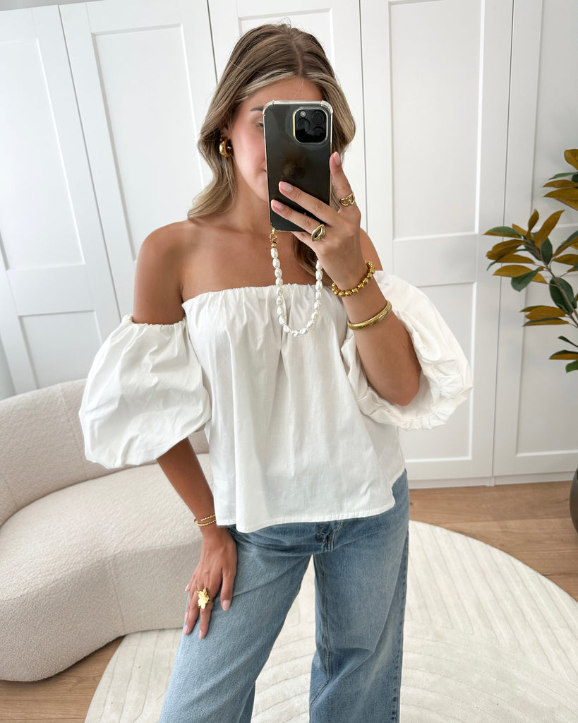 Witte katoenen off shoulder blouse met korte puffy mouwen