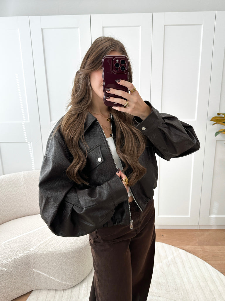 Bruin cropped leren jasje