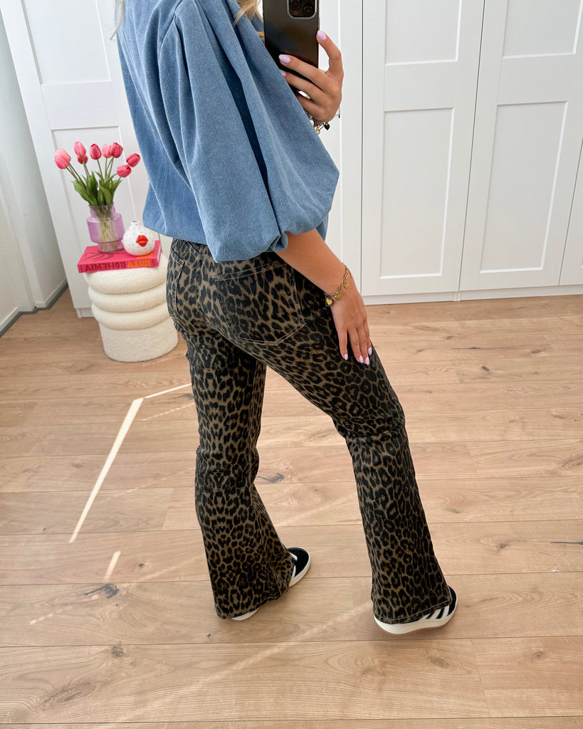 Panter print flared jeans met stretch