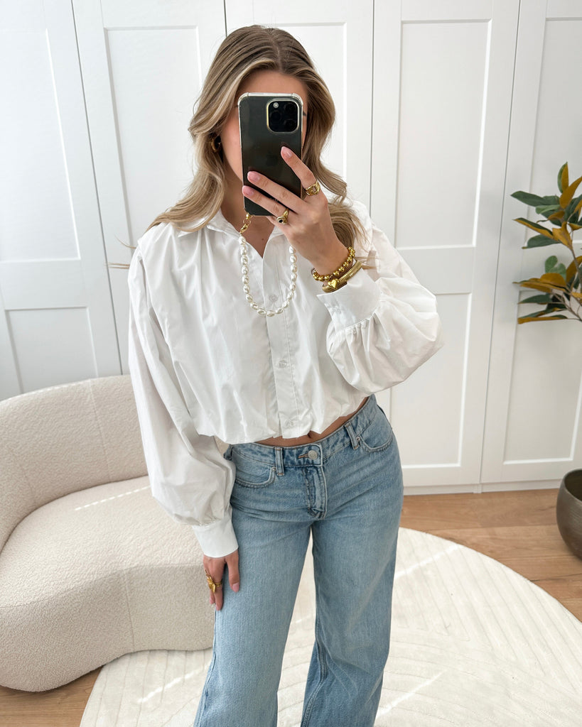 Witte cropped blouse met pof mouwen