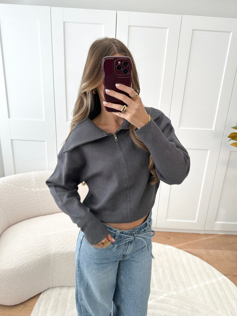 Grijs vest met omgeslagen kraag