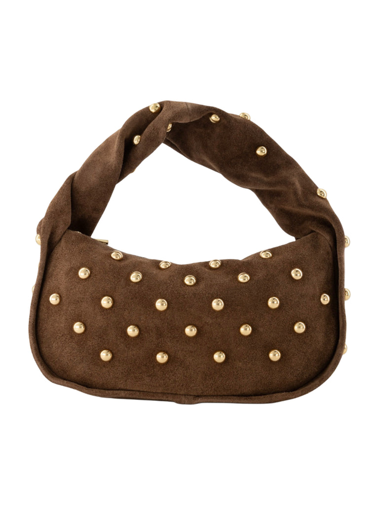 Taupe handtas met gouden studs en gedraaid handvat
