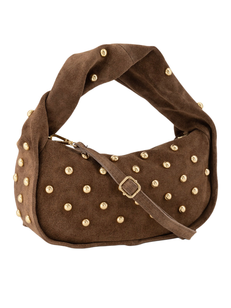 Taupe handtas met gouden studs en gedraaid handvat
