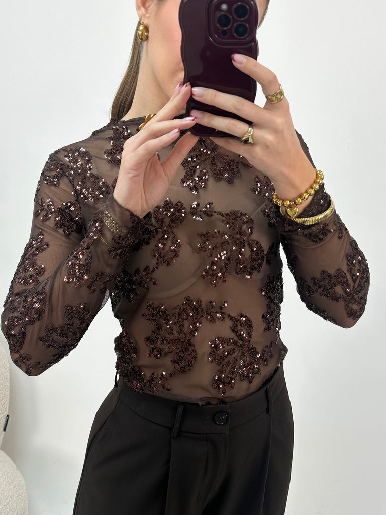 Bruine see-through mesh top met bladeren en glitters