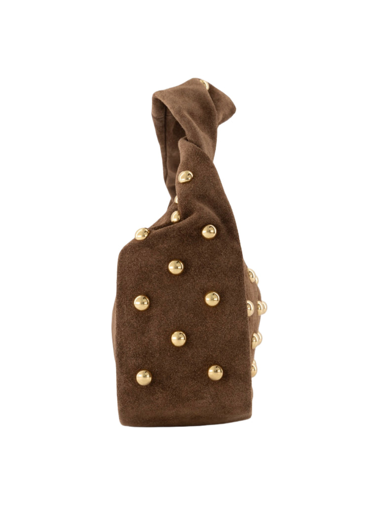 Taupe handtas met gouden studs en gedraaid handvat