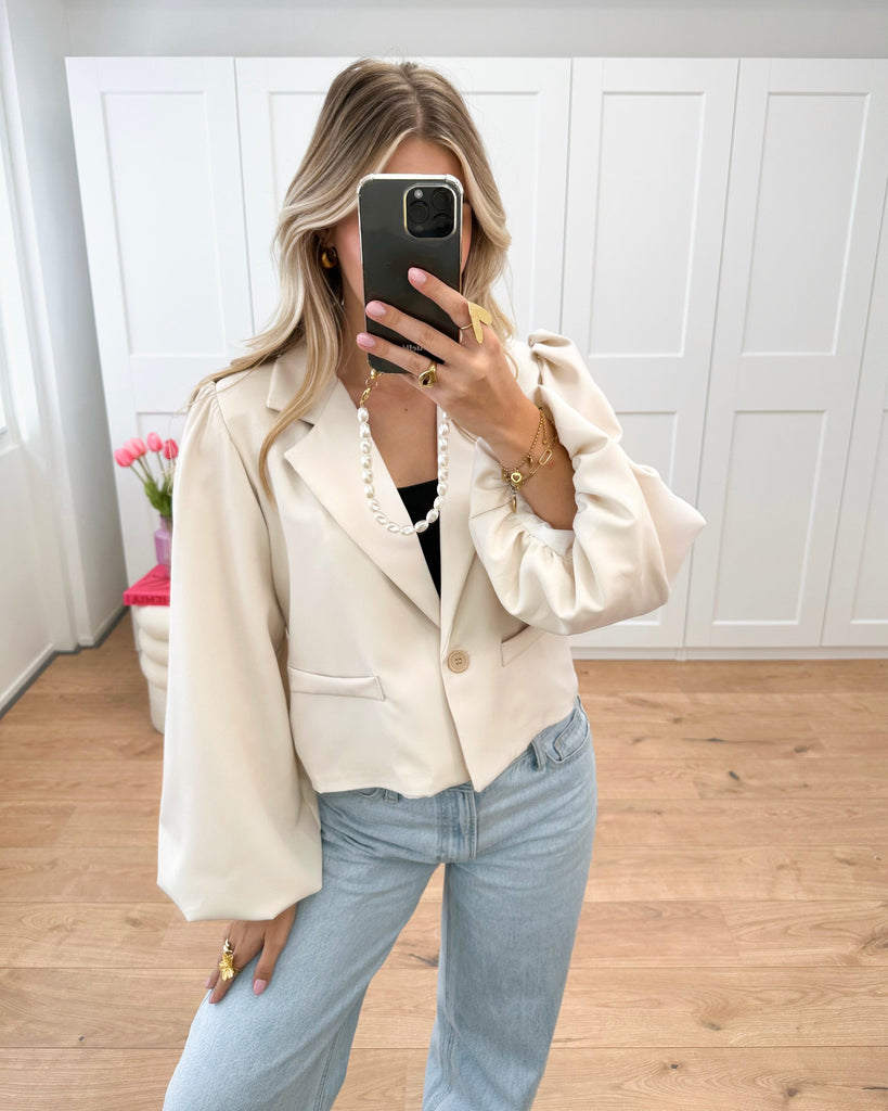 Beige blazer met lange ballon mouw met pof effect