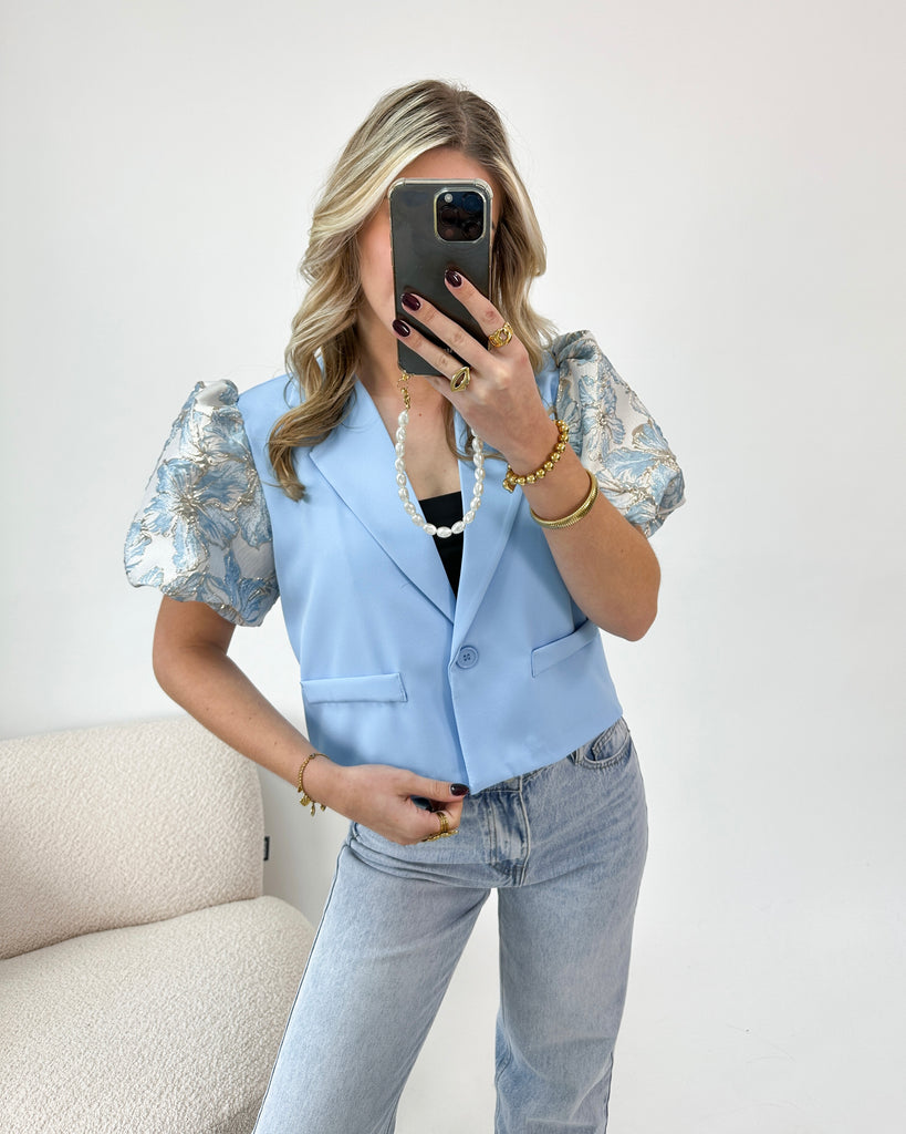 Blauwe blazer met korte pof mouwen en jacquard bloemen opdruk