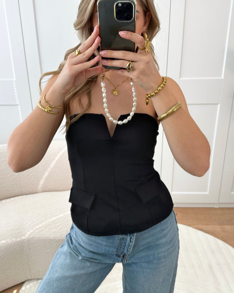 Zwarte hartvormige peplum strapless top 