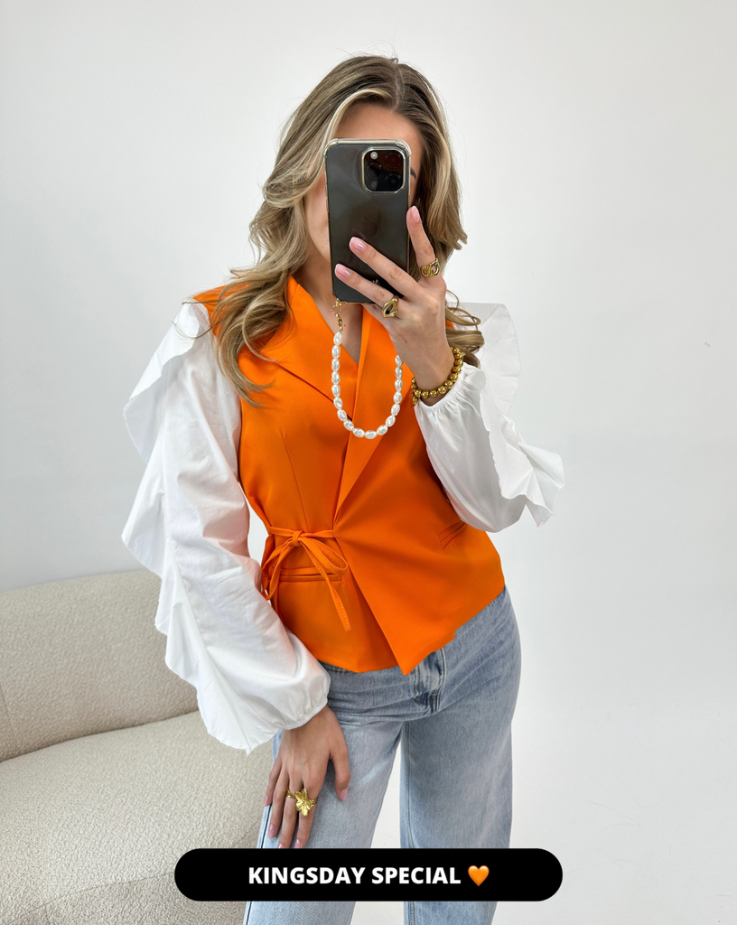 Oranje wrap blazer met blouse mouwen met ruffles