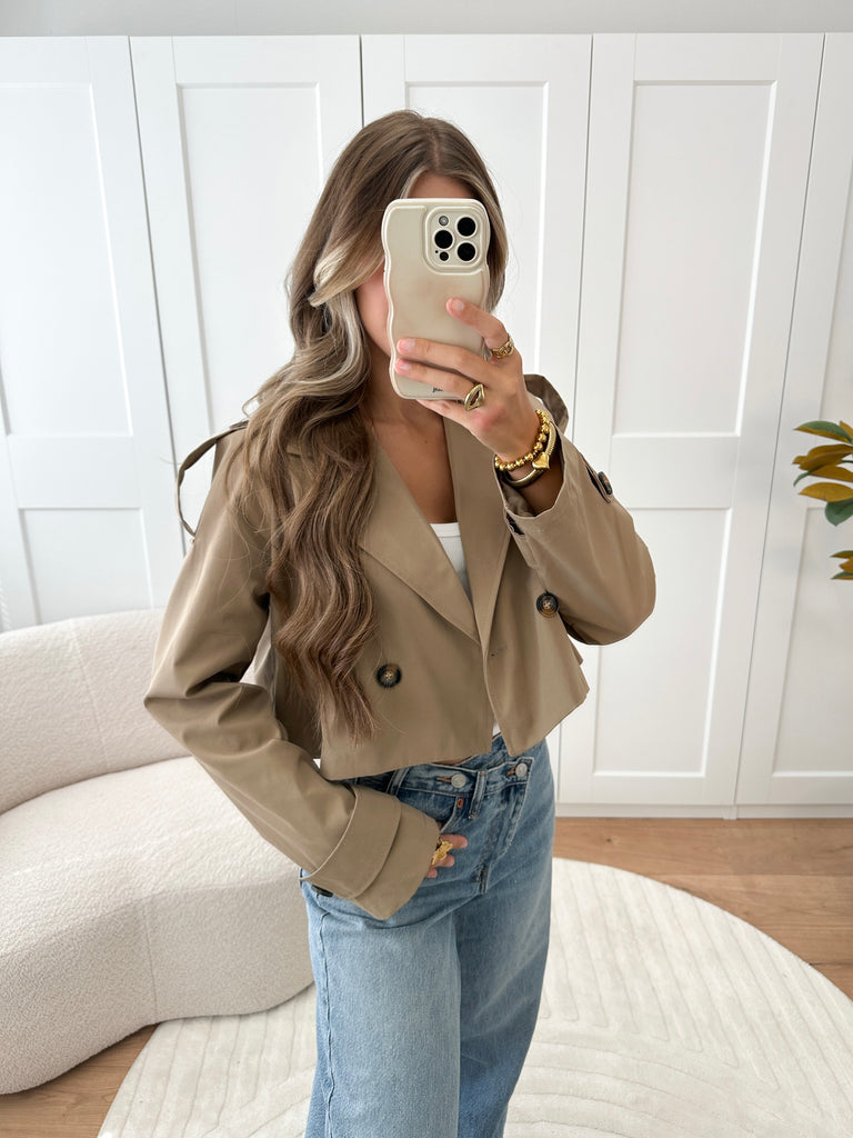 Taupe/bruine gevoerde cropped trench coat jas
